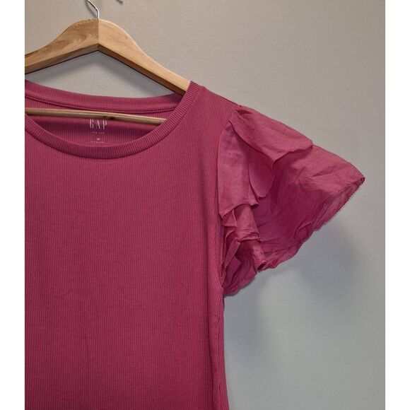 Gap womens medium ruffle flutter pink sleeve ribbed tshirt top - Picture 2 of 9